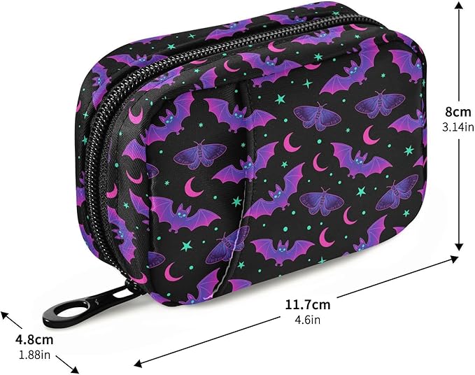 Travel Pill Organizer Bag Weekly Pill Organizer Case Goth Purple Bat Gothic Portable Small Daily Pill Boxes for Vitamin Fish Oils Supplement Holder with Zipper Compact Size