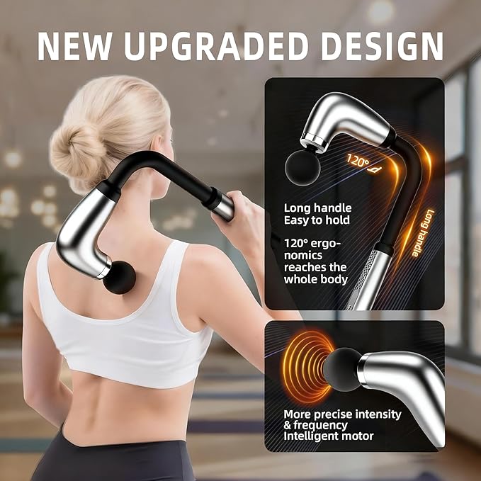 Massage Gun with Upgraded Extension Handle,Back Massage Gun Deep Tissue,Back Massager for Pain Relief for Muscles Neck Shoulders Waist Arm Legs Foot,4 Replaceable Heads & 9 Speeds (Silver)