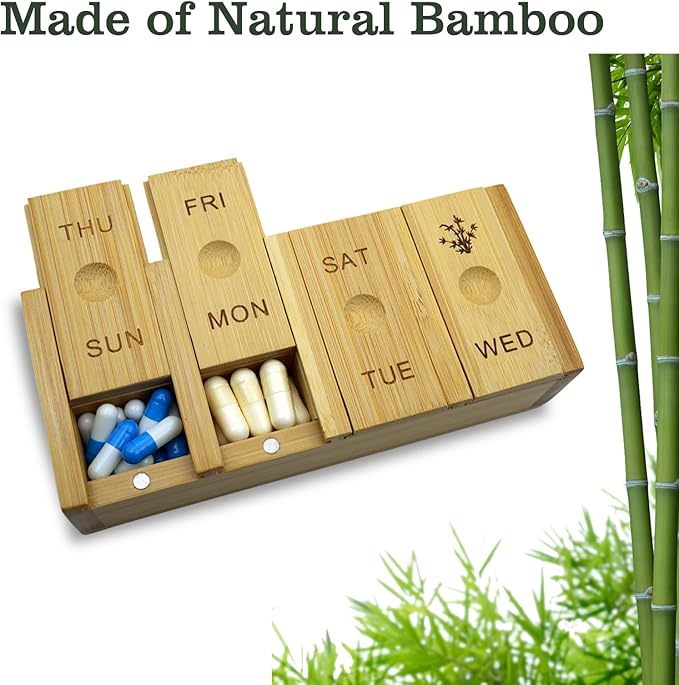 7-Day Bamboo Weekly Pill Organizer for Medicine Supplement, Arthritis Friendly Wood Pill Case Box for Vitamin, Daily Portable Travel Pill Holder Dispenser Container Keeper