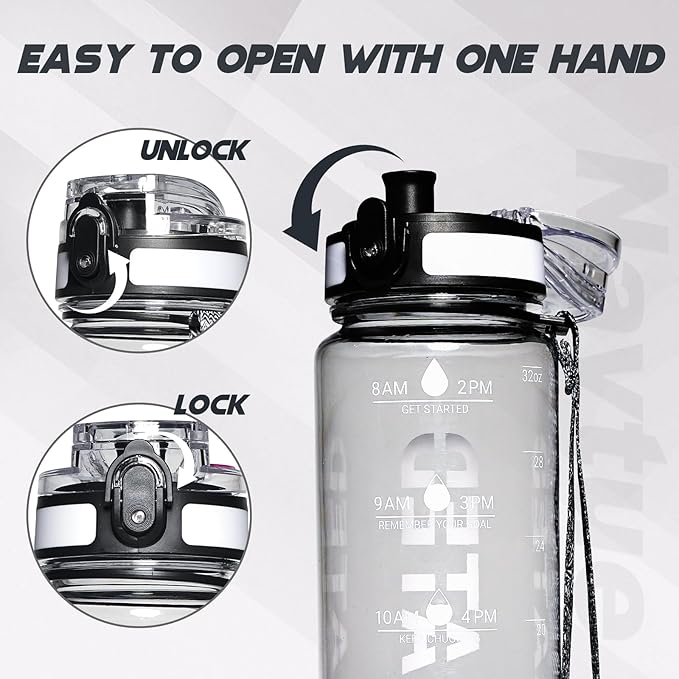Water Bottle, 32 oz Sports Water Bottles with Time Marker Wide Mouth, Motivational and Leakproof Drink Bottle, BPA Free Tritan with Carry Strap for Gym Fitness Outdoor(1 Bottle)