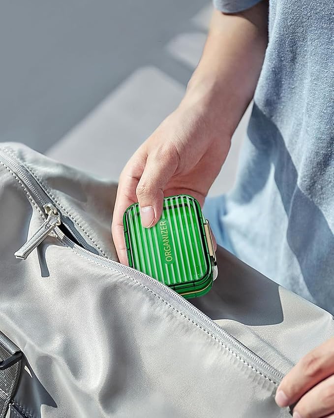 Small Pill Box, Acedada Travel Pill Case for Purse, Portable 7 Compartments Daily Pill Organizer, Compact Medicine Vitamin Container for Fish Oil & Supplements, Light Green