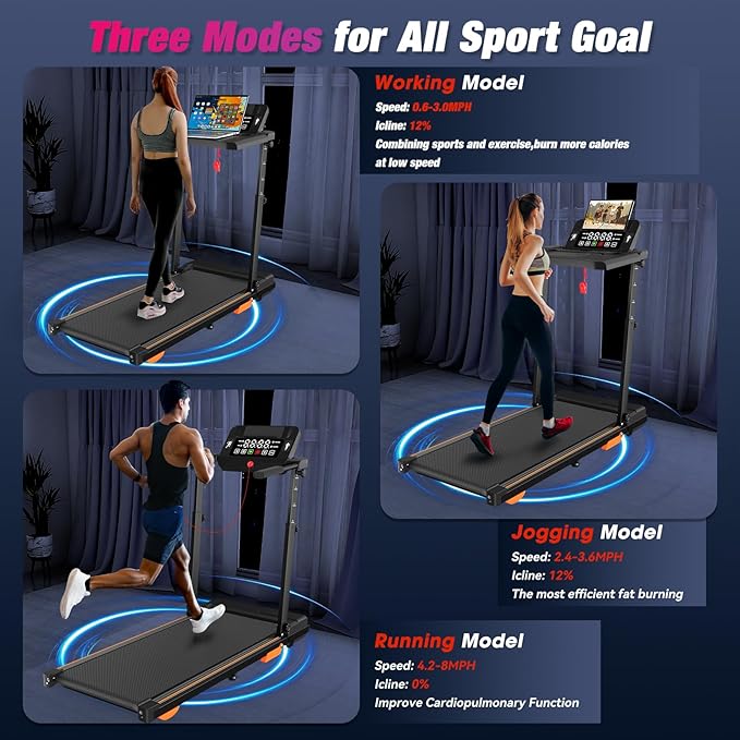 Walking Pad Treadmill with Handle Bar, Removable Desk Workstation, Incline Treadmills for Home Office with Desktop, APP, 300+ lb Capacity