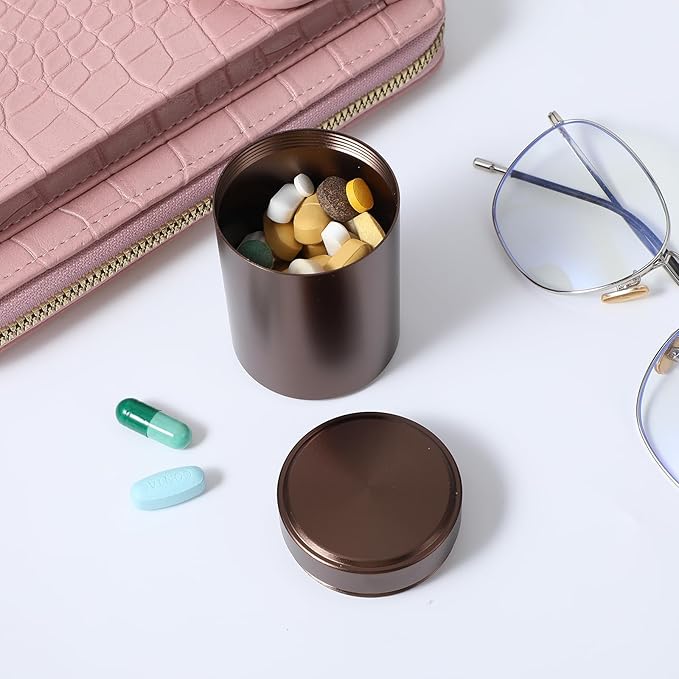 Portable Metal Small Pill Case, Round Aluminium Alloy Pill Holder Pocket Small Pill Box Waterproof Medicine Organizer Bottle Container for Travel Outdoor Vitamin Fish Oils (Brown)