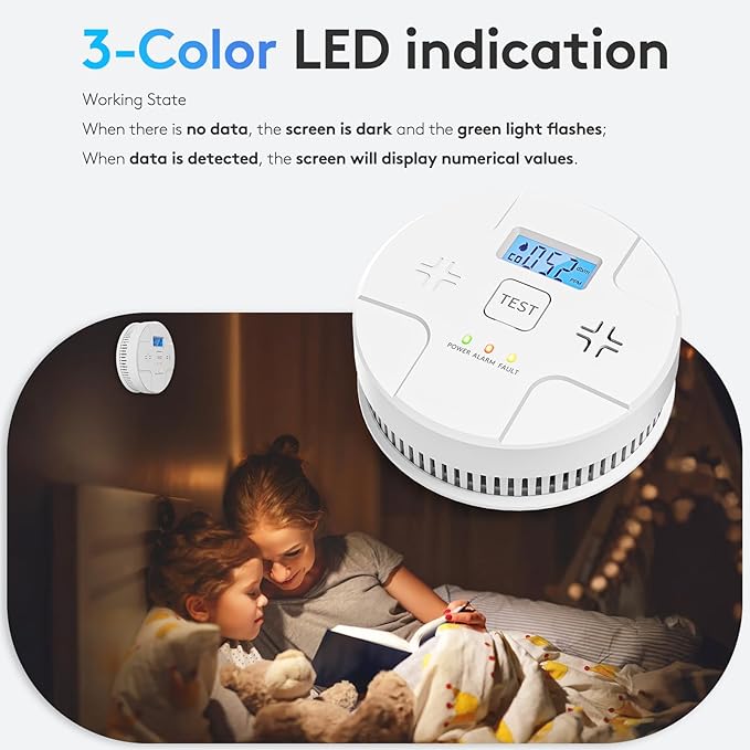 6 Packs,2 in 1 Technology, Smoke,Carbon Monoxide Detector, Co Alarm,85db Alert,LCD Readout,3 Color LED Indication,(Green Light Blinking at Work), with 3 AA Batteries,Easy Install,for Home and Kitchen