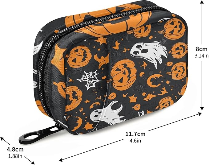 Gothic Funny Halloween Ghost and Pumpkins Travel Pill Organizer Case Box Container Weekly Portable Vitamin Medicine Holder Storage Bag with Zipper Removable