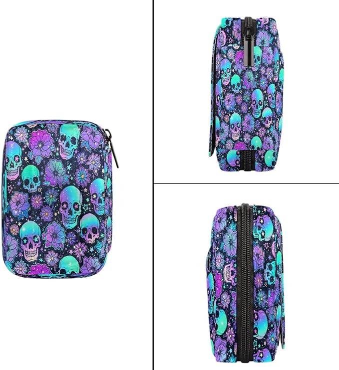 Skull Psychedelic Purple Pill Case Travel Pill Organizer Weekly 7 Day Portable with Zipper Medicine Box Pill Case for Vitamins, Birth Control,Fish Oils,Medication, Supplements