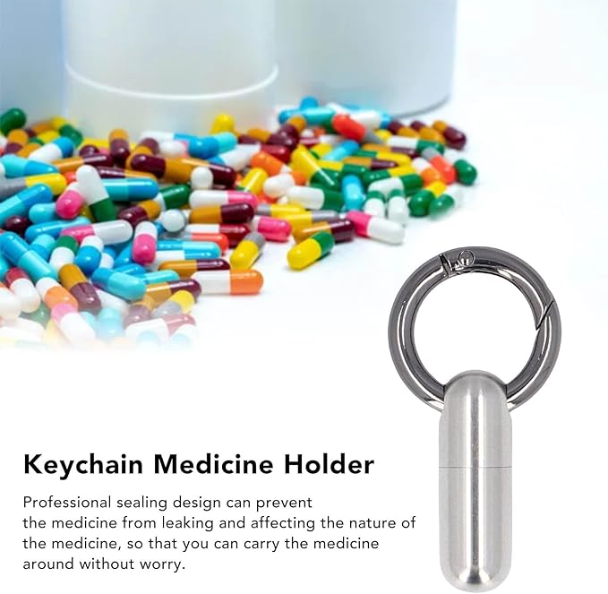 TOPINCN Stainless Steel Pills Keychain Holder, Airtight Leakproof Small Capsules Container Case, Lightweight Portable Pills Bottle for Hiking Travel Camping Outdoor (Silver)