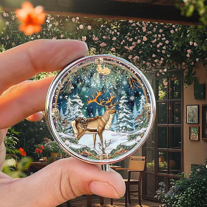 Portable Round 3 Compartment Metal Pill Box Features A Reindeer in A Snow Covered Forest Ideal for Winter Outings Outdoor Adventures and Holiday Gifts
