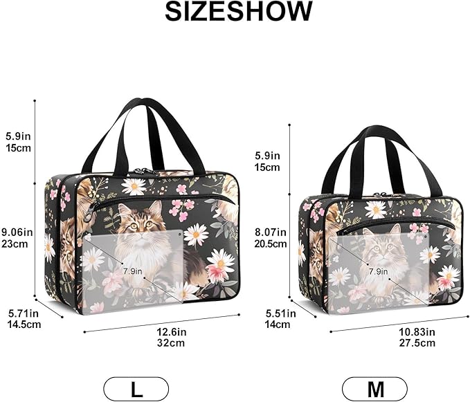 Fustylead Cute Maine Coon Cat and Beautiful Daisy Flower Pill Organizer Bag Large Medicine Travel Carrying Case with Zipper for Vitamin Supplements Fish Oil, Empty First Aid Kit for Hiking Camping