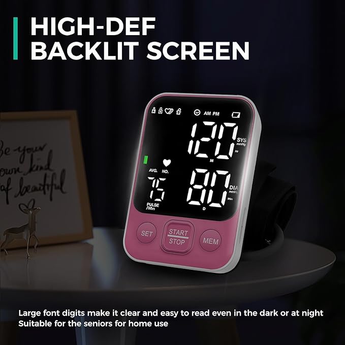 Blood Pressure Monitor Upper Arm Monitors for Home Use BP Machine with 2x120 Reading Memory Adjustable Arm Cuff 8.7"-15.7" Large Display with LED Background Light Storage Bag Pink