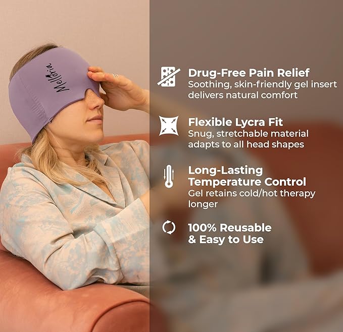 Migraine Relief Cap – Reusable Cooling Hat with Headache & Stress Relief | Soft, Stretchy Fit & Gentle Compression | Self-Care Essential Cold Gel Pack (Violet)