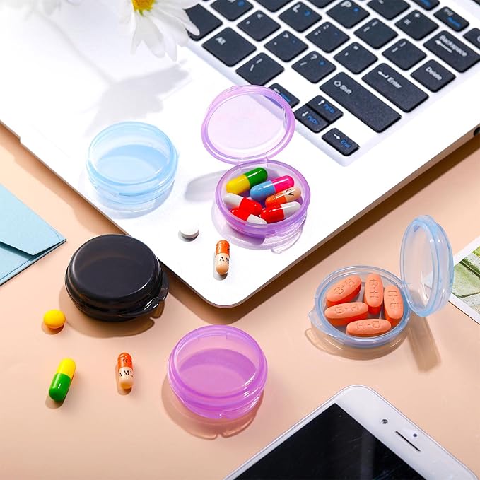 Patelai 6 Packs Small Pill Organizer Box, Travel Pill Container Portable Daily Mini Medicine Case Holder for Pocket Purse Briefcase Cod Liver Oil Jewelry Beads Earplug Storage Box(Black, Purple, Blue)