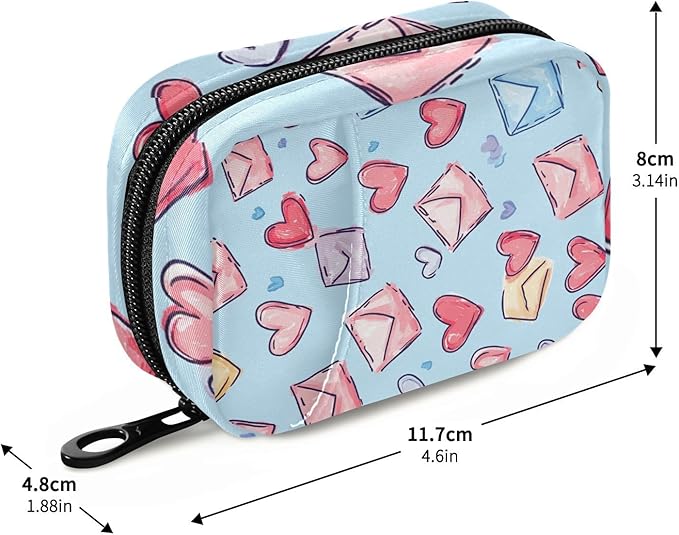 Pink Hearts Blue Letter Travel Pill Organizer Case Box Container Weekly Portable Vitamin Medicine Holder Storage Bag with Zipper Removable