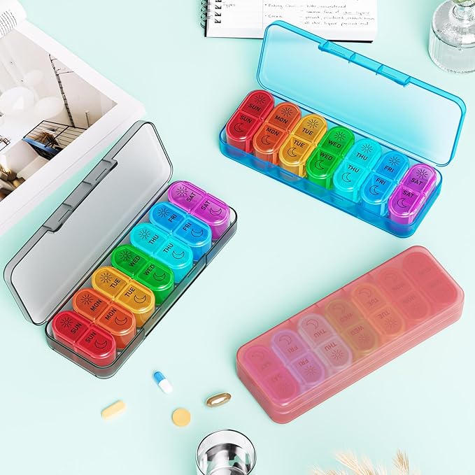 Betife AM PM Pill Organizer 7 Day, Weekly Pill Organizer 2 Times a Day, Daily Pill Box AM PM, Portable Travel Medicine Case, Day and Night Pill Container for Medication, Vitamin or Supplement（Black）