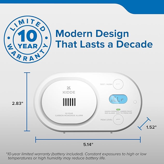Kidde Carbon Monoxide Detector, 10-Year Battery Powered, Digital Backlit Display, LED Status Indicators, 85 dB Alarm, 5th Edition, COBD10