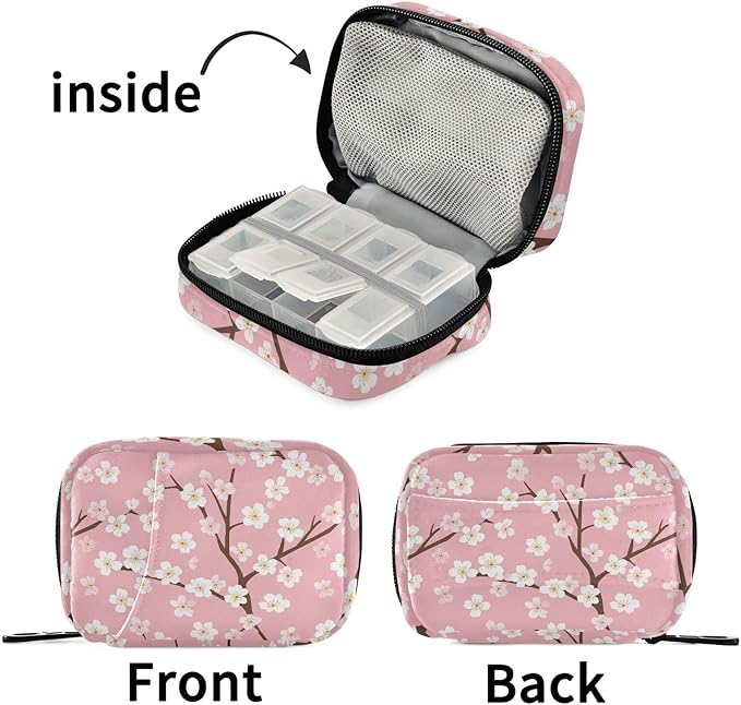 Fustylead White Cherry Blossoms on Pink Background Pill Organizer Case with Zipper 2 Times A Day for Vitamin and Supplement, 7 Day Travel Organizer Medicine Case