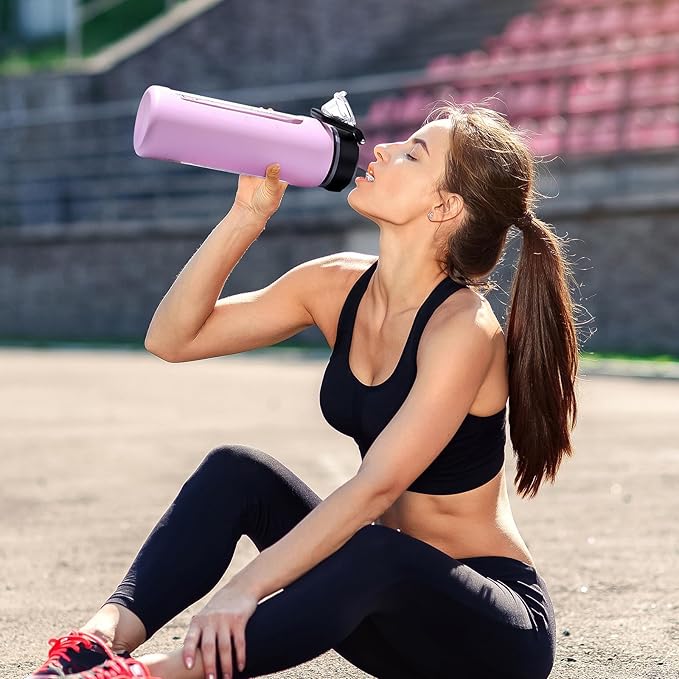 Kodrine 24oz Glass Water Bottle With Straw-2 lids-Reusable Daily Water Intake Glass Bottle with Measurements,Silicone Sleeve, Time Marker, Cupholder Friendly for Home,Gym,Sports-Light Purple