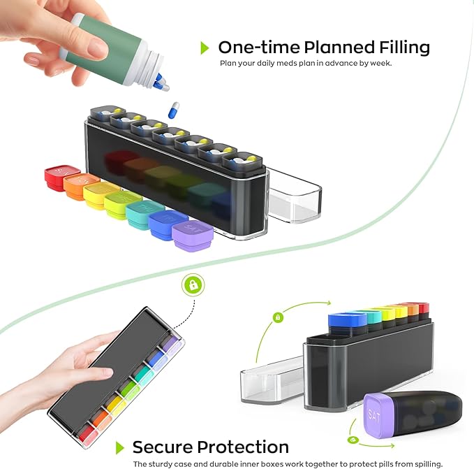 Weekly Pill Organizer 1 Time a Day, HIONXMGA Portable Detachable Travel Pill Box 7 Day, Large Once Daily Pill Holder Case, Color-Coded Dispenser for Vitamin Medicine Supplement Fish Oil, Clear