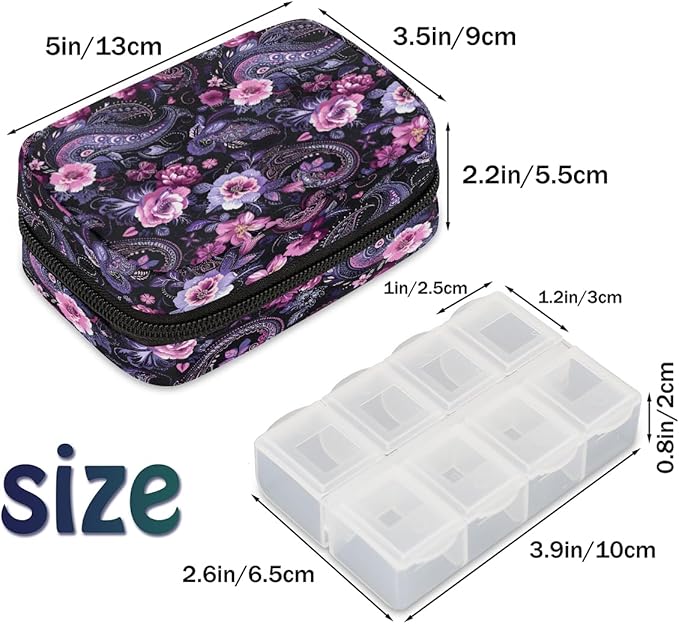 Purple Psychedelic Paisley Travel Pill Organizer Box Weekly Portable Pill Case Daily Pills 7 Day Small Birth Control Pills Container Removable Compartments for Medicine Vitamins Fish Oil