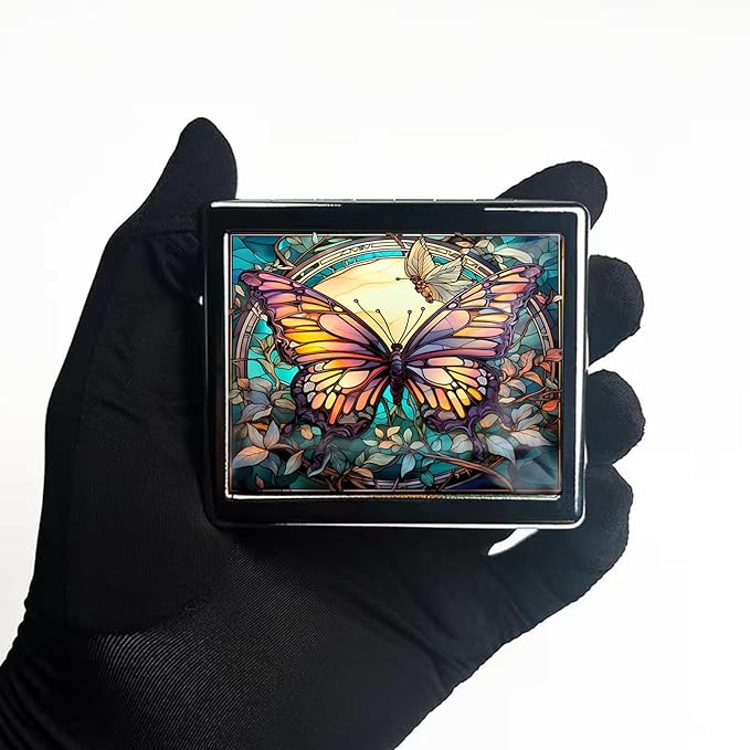 7 Days Chromed Shiny Silver Pill Organizer with Mirror Inside Has 8 Separate Compartments Rectangle 7 Days Pill Box Pill Case (Colorful Butterfly)