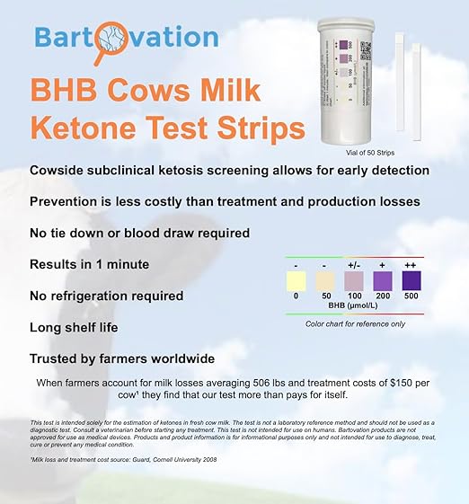 Milk Ketone Test Strips for BHB in Cow Milk [Vial of 50 Strips]