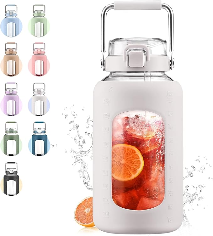 84oz Glass Water Bottle with Stainless Steel Handle,2.5L Gallon Water Bottle with 2-IN-1 Straw Lid, Silicone Sleeve and Motivational Capacity Marker, Wide Mouth Water Jug For Gym, Workout, White