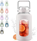 84oz Glass Water Bottle with Stainless Steel Handle,2.5L Gallon Water Bottle with 2-IN-1 Straw Lid, Silicone Sleeve and Motivational Capacity Marker, Wide Mouth Water Jug For Gym, Workout, White