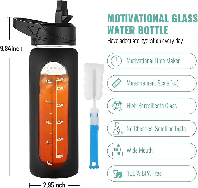 CIVAGO 24 oz Glass Water Bottle with Straw and Handle, Large Sports Motivational Water Bottle Flask with Time Marker and 2 Lids, Leakproof Jug Canteen with Silicone Sleeve for Gym, Army Green