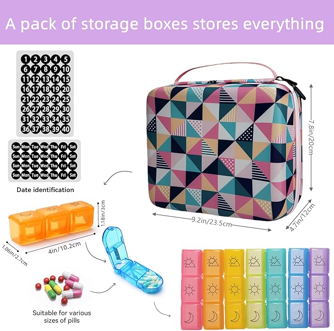 Monthly Pill Organizer, 31-Day Medicine Box with Hard Shell Case, 3 Times Daily Dosage Schedule, Plastic Rectangular Design, Includes Pill Cutter and Monthly Weekly Stickers (Square Lattice)