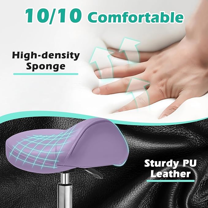 Saddle Stool with wheels Ergonomic - Heavy Duty 400lbs, Upgraded Thick Saddle Cushion, Healthy Posture Correction, Swivel Adjustable Rolling Saddle Stool, Saddle Chair for Salon Massage Home (Purple)