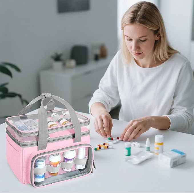 LUXJA Double-Layer Medicine Bag with Transparent Compartment, Pill Bottle Organizer with Detachable Divider (Suitable as a Home or Travel Medicine Bag), Pink