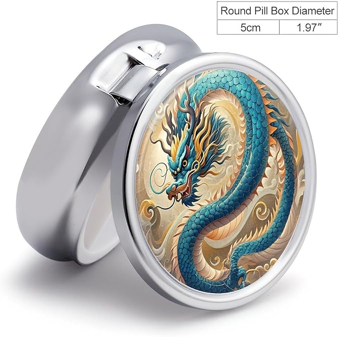 Dragon Pill Box Travel Pill Case for Purse Pocket Weekly Medicine Organizer with Mirror 3 Compartment Round Medicine Case Portable PillcaseHolder for Daily