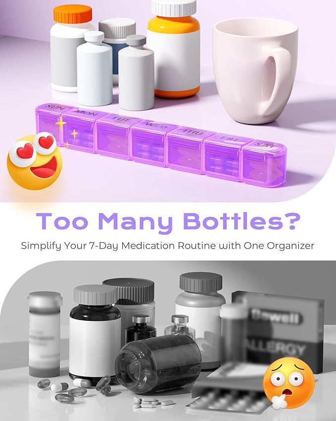 Daviky Weekly Pill Organizer, Large 7 Day Pill Box, Travel Pill Case, Daily Pill Dispenser for Vitamins, Medicines, Supplements, and Fish Oil(Purple)