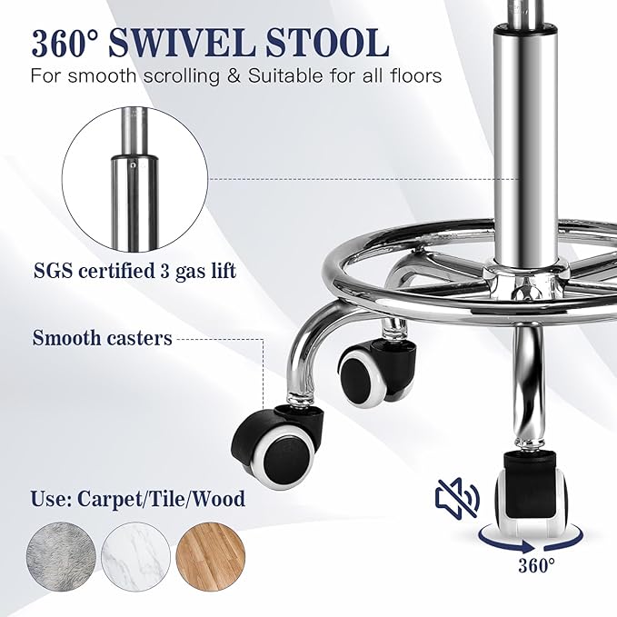 Square Salon Rolling Stool - 300lbs Weight Capacity，Adjustable Swivel Stool with Wheel，Pu Leahter Comfortable Cutting Stools for Salon Tattoo Stylist Massage Perfect for Work SPA (Grey)