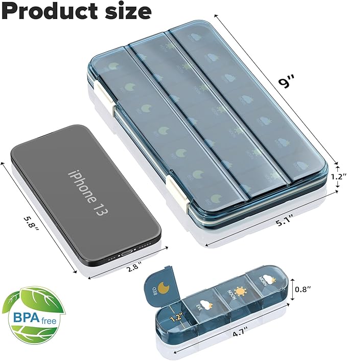 Pill Organizer 7 Day, Weekly Pill Box, Pill Case Large 28 Compartment, Portable Daily Medicine Container (Blue) (Blue, Large)