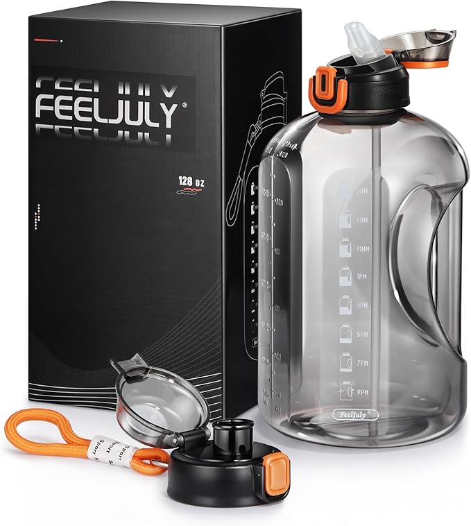 64 OZ Water Bottle with Straw, Half Gallon Water Bottle Times to Drink, Reusable Leak Proof Water Jug Handle with Strap, 2 Lids BPA Free for Fitness Gym Camping (Grey, 64 Ounces)