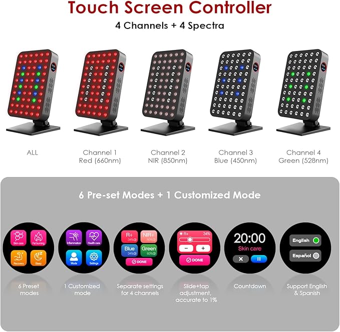 Red Light Therapy Panel 300W 60pcs Dual-Chip 4 Bands LED Light Therapy Red Infrared Blue Green 660nm 850nm 455nm 528nm, High Irradiance, Touch Screen Controller, Ideal for Body, Face, Skincare, Sleep
