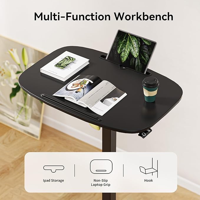 Foldable Pneumatic Height Adjustable Mobile Standing Desk with 90° Tiltable Tabletop, 27.2x18.9 Inch Portable Laptop Desk with Wheels, Holds Up to 66.1lbs for Home Office, Study, Black