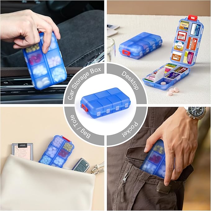 14 Grids Travel Pill Organizer Box with 415-Pcs Medicine Name Labels - Pocket Daily Pharmacy Case Container Kit - Travel Medication Holder Dispenser for Fish Oil Vitamin Supplement Storage -Clear Blue