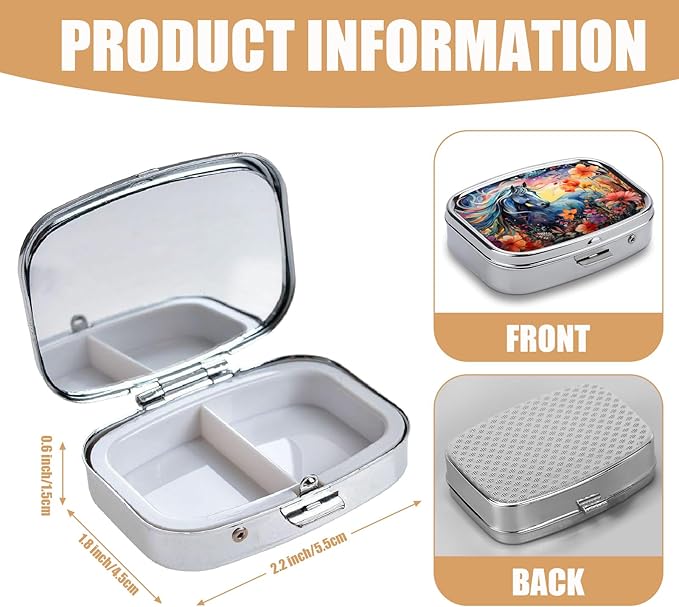 Pill Box-2 Compartment Small Pill Case Square Organizer Case with Mirror Portable Metal Medicine Box Travel Container for Pocket & Purse Women Men(Horse Flower)
