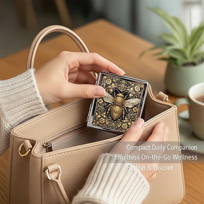 Metal 7 Day Pill Organizer, Cute Small Weekly Pill Case with 8 Compartments for Travel, Moisture-Proof Medicine Holder for Purse, Compact Daily Vitamin Box (Golden Bee Baroque)