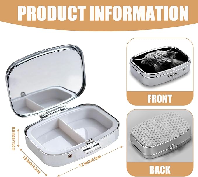 Pill Box-2 Compartment Small Pill Case Square Organizer Case with Mirror Portable Metal Medicine Box Travel Container for Pocket & Purse Women Men(Black Highland Cow)