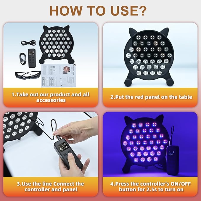 Cat-Face Red Light Therapy Lamp – 460 nm & 850 nm Infrared Panel, 185-LED red-Light Device with 5 Brightness Levels and Adjustable Angle for Easy use at Home or in The Office.