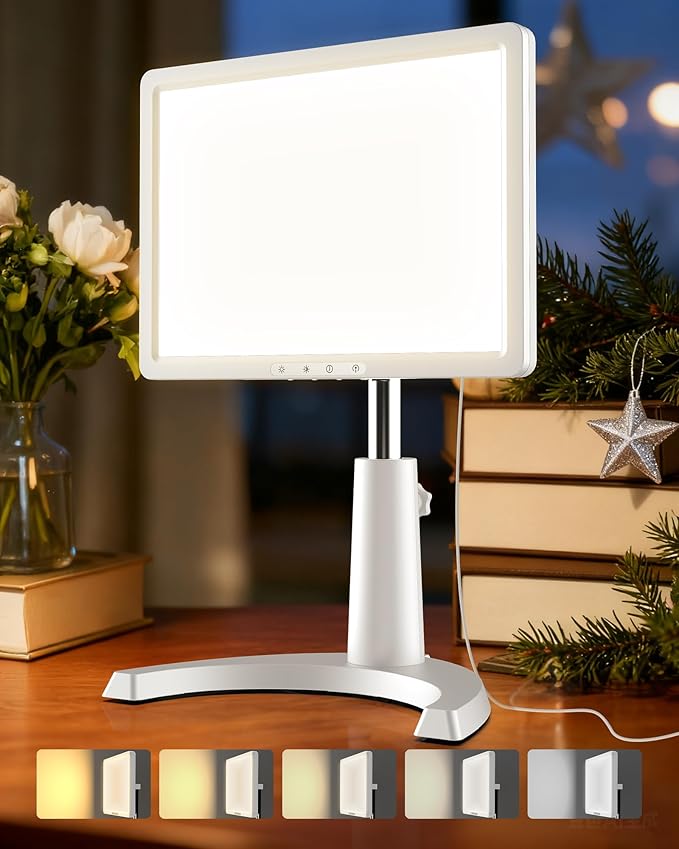 Light Therapy Lamp, 12000 Lux Full Spectrum 3 in 1 Therapy Lamps LED Sunlight, Adjustable 10 Brightness 5 Color Modes, Timer, Height, Angle& Detachable Stand, White
