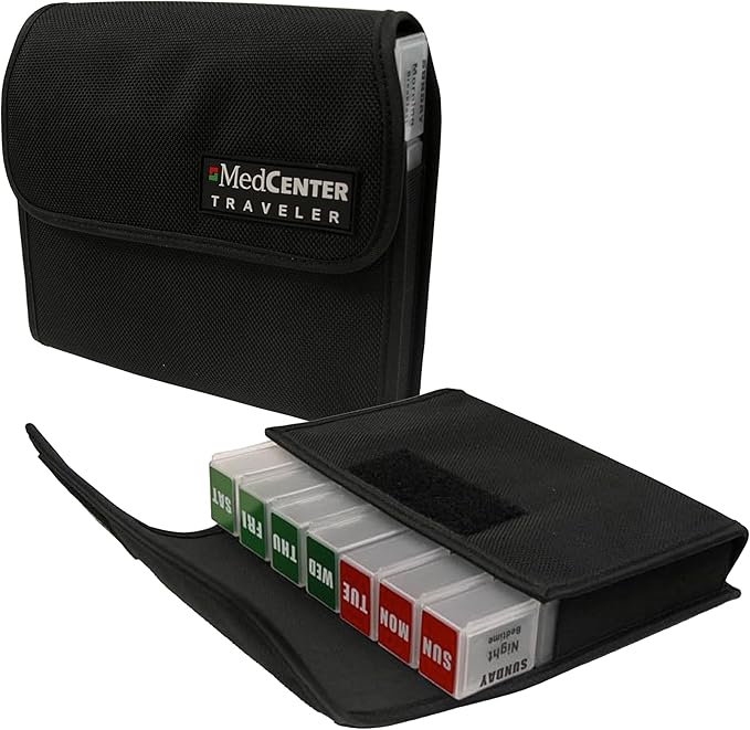 MEDCENTER Traveler 7 Day Pill Organizer HSA/FSA, Portable Pill Case, Large Capacity Medication Organizer for Traveling with 4 Daily Compartments, Nylon Pill Container for Travel, Large Size