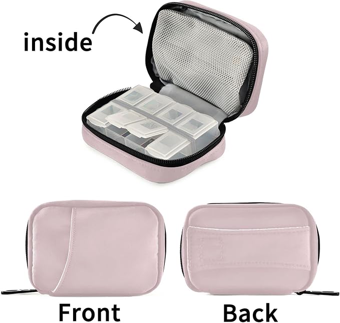 Pill Box 7 Day Case Travel Organizer Bag with Zipper Portable Weekly Compact Size for Vitamin Supplement Holder, Solid Color Light Pink, 4.6 x 3.14 x 1.88 Inch, 1.0 Count, 0.12 kilograms