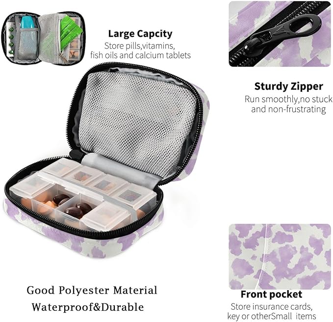 Fustylead Watercolor Light Purple and White Cow Skin Pill Organizer Travel Bag, Small Portable Pill Case Cute for Vitamin Fish Oil Supplements Medicine Organizer with Zipper