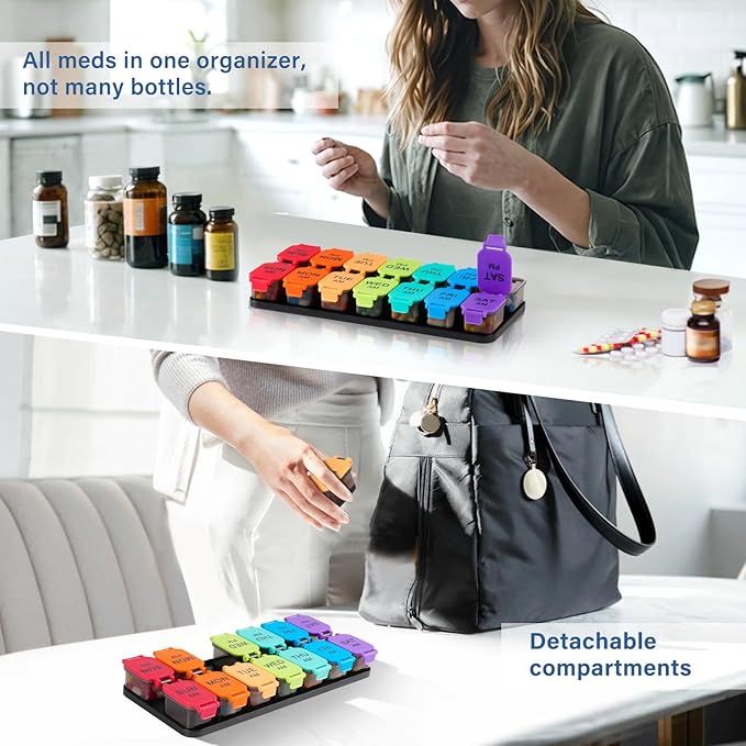 Extra Large Weekly Pill Organizer - 7 Day AM/PM Pill Box, Twice a Day XL Pill Container for Vitamins and Supplements, Airtight & Detachable Design, Ideal for Daily Medication Management