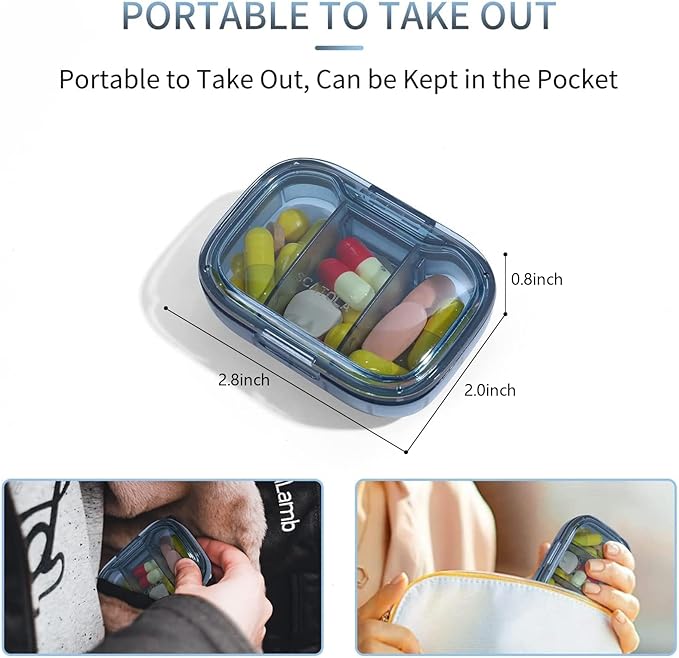 3 Pack 3 Compartment Pill Box, Moisture Proof Pill Case, Travel Pill Organizer for Pocket Purse, Daily Portable Medicine Vitamin Box, Fish Oil Box, Supplement Box