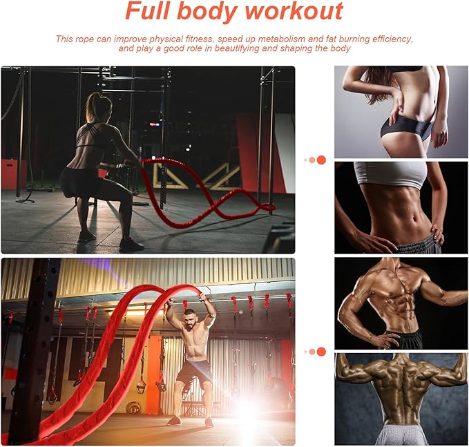 Battle Ropes for Home Gym Exercise - 1.5 Inch Diameter 30FT Red Battle Rope Workout Exercise Training Ropes with Protective Sleeve for Kids Men Women Exercise Fitness & Strength Training